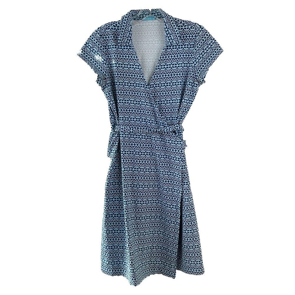 J. McLAUGHLIN Blue Ikat Abstract Geometric Faux Wrap‎ Dress Cap Sleeve Size XS
